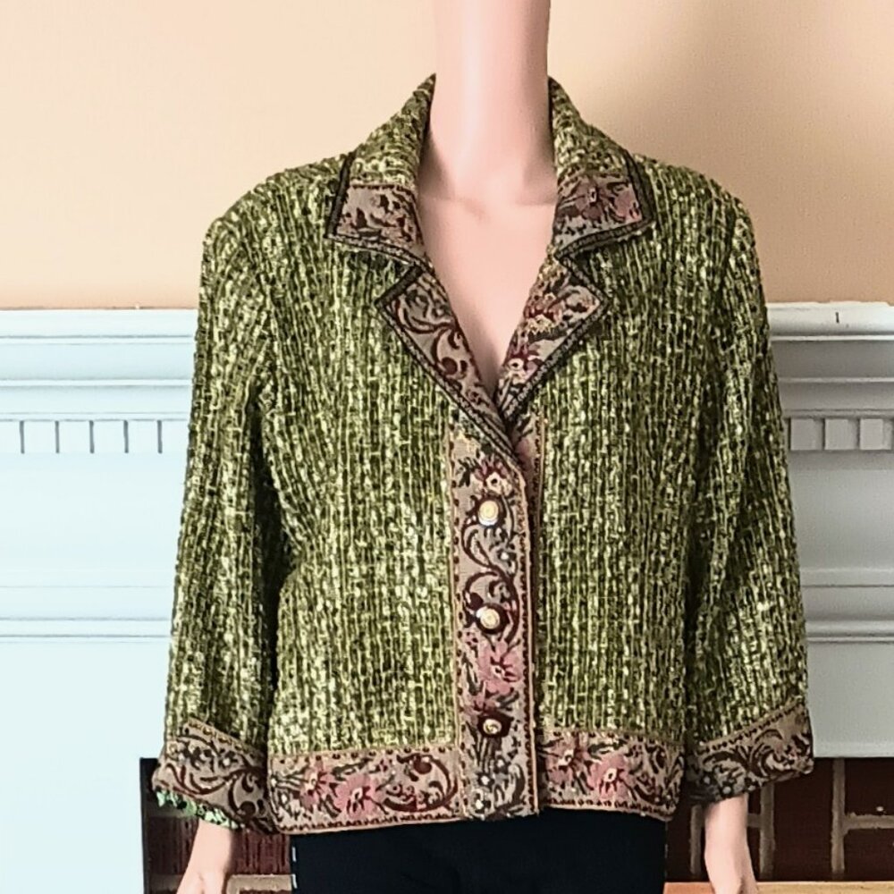 Graffwear Green Tweed Tapestry Jacket XL Vtg Floral Trim Paisley Silky Lining